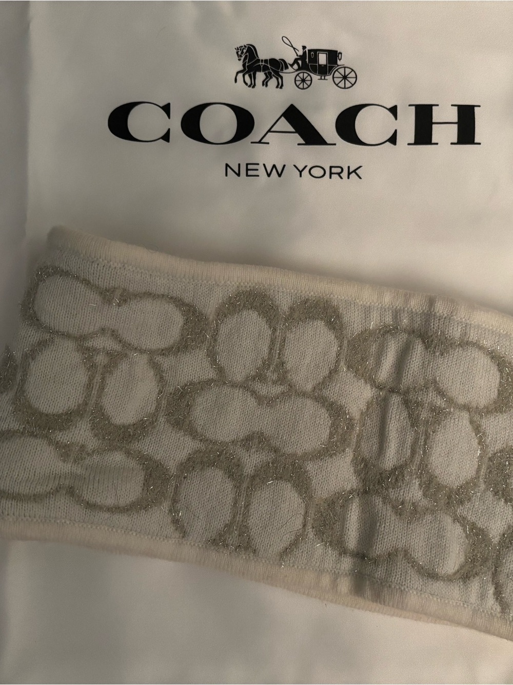 Coach Sparkle Signature Knit Headband in Cream and Silver
